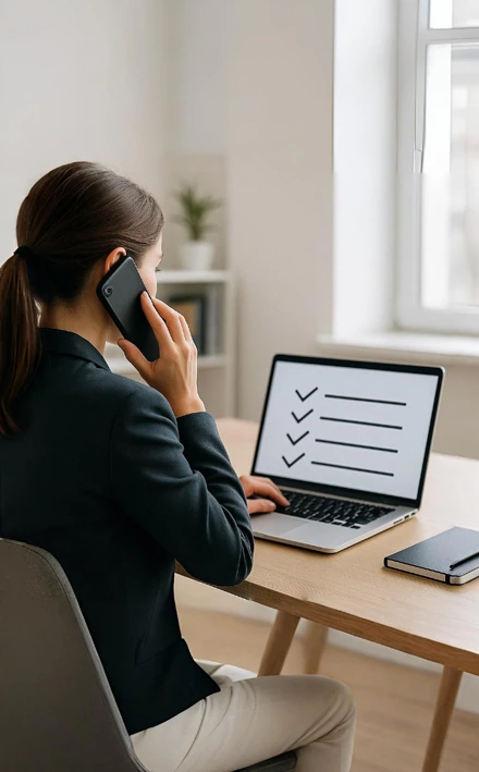 Femme professionnelle vue de dos, travaillant sur ordinateur tout en parlant au téléphone dans un bureau