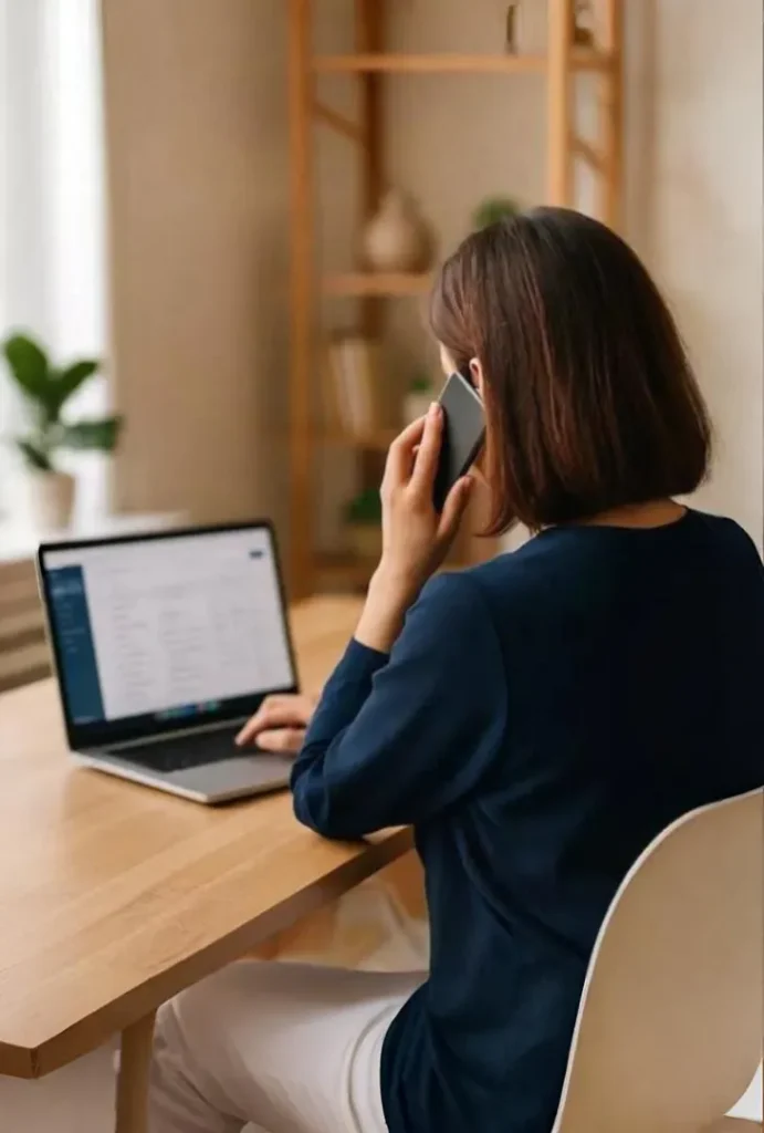 Femme vue de dos au téléphone travaillant sur son ordinateur