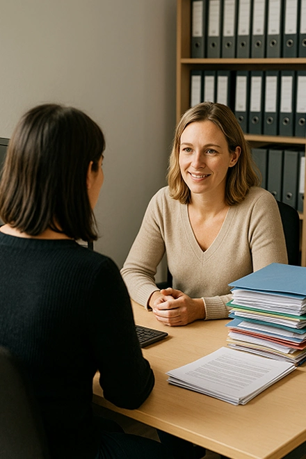 Assistante en discussion avec une cliente sur ses prestations administratives externalisées